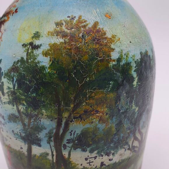 Antique Hand Painted Ceramic Jug Folk Art Landscape Pitcher Stoneware Primitive - Picture 8 of 10